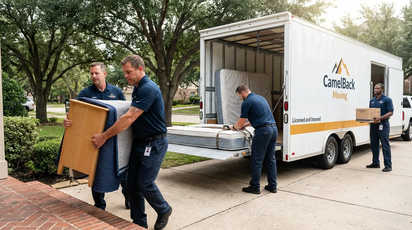 Crew loading residential truck for cross-state move from Bangs, TX