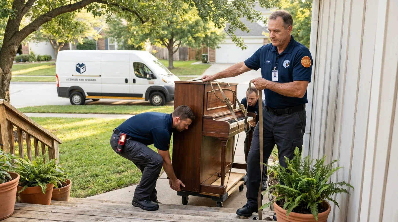 Licensed piano movers securing grand piano in Bangs, TX