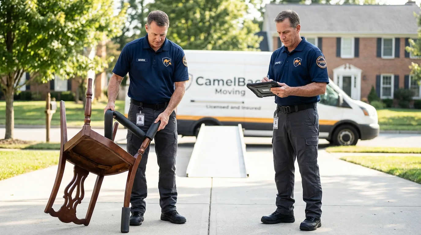 Movers inspecting furniture for damage prevention before loading in Bangs, TX