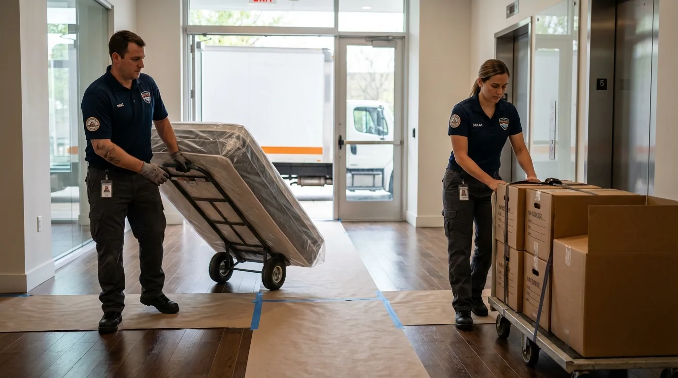 Professional apartment movers loading elevator in Bangs, TX